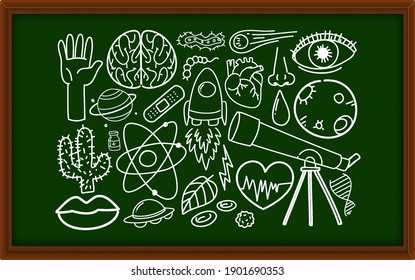 Diferentes trazos de doodles sobre equipos científicos en la ilustración de pizarra