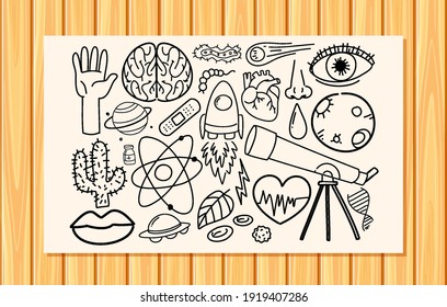 Different doodle strokes about science equipment on a paper illustration