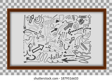 Different doodle strokes in wooden frame on transparent background illustration