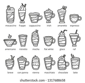 Different doodle types of coffee drinks with names isolated on white background.
