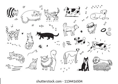 Different doodle vector cats and dogs illustrations set. 