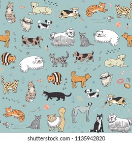 Different doodle vector cats and dogs seamless pattern.