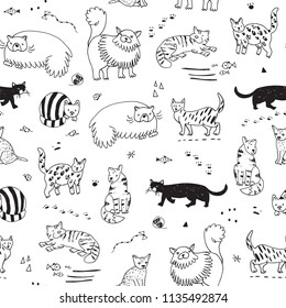 Different doodle vector cats seamless pattern.