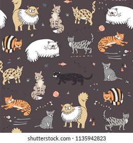 Different doodle vector cats seamless pattern.