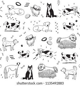 Different doodle vector dogs seamless pattern.