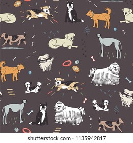 Different doodle vector dogs seamless pattern.