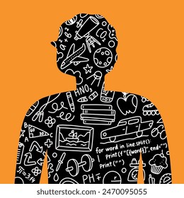 Different doodles about education, art and math, tech and science in a black silhouette of a man, isolated on orange background. Vector illustration