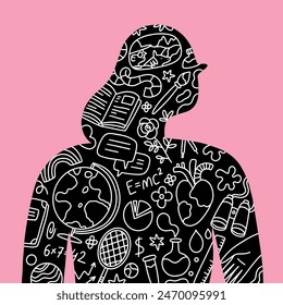 Different doodles about education, art and math, tech and science in a black silhouette of a woman, isolated on pink background. Vector illustration