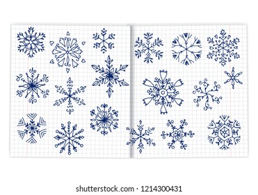 different doodles of snowflakes drawn in a notebook, vector