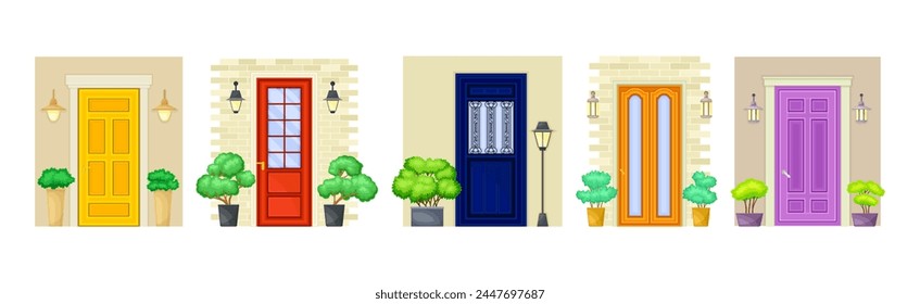 Different Door and Building Entry with Lamp and Bush Vector Set