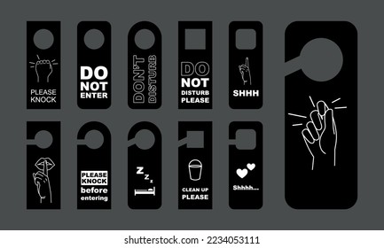 Different door handle hanger set. Room hotel hanger sign icons collection template isolated. Labels on hostel room door vector illustration of door handle for hotel set