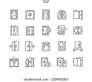 Different doors. Doorway concept. Open and close door. Building and room entrance. Pixel Perfect Vector Thin Line Icons. Simple Minimal Pictogram