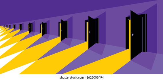 Different doors half open symbolizes diversity of variants and choosing alternate options vector illustration 3d modern poster style.