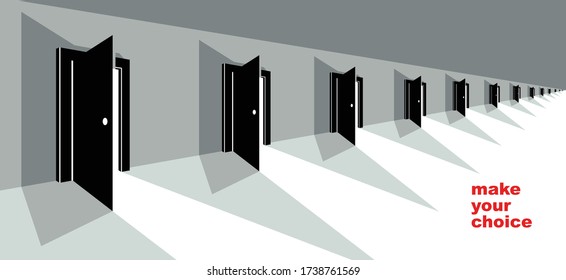 Different doors half open symbolizes diversity of variants and choosing alternate options vector illustration 3d modern poster style.