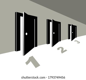 Different doors half open symbolizes diversity of variants and choosing alternate options vector illustration 3d modern poster style.