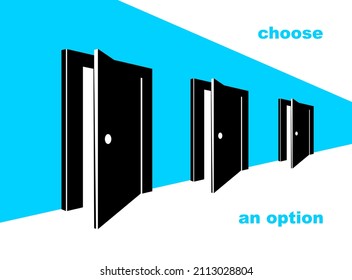 Different doors half open symbolizes diversity of variants and choosing alternate options vector illustration 3d modern poster style.