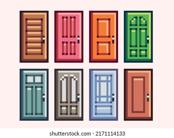 Different doors pixel art set. House entrances collection. 8 bit sprite. Game development, mobile app.  Isolated vector illustration.