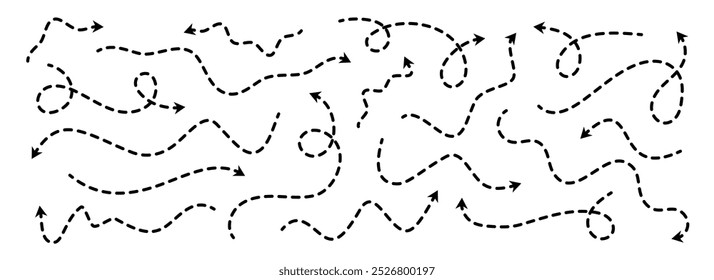 Diferentes pontilhadas setas finas definido. Coleção de ponteiros ondulados e tracejados curvos. Linhas de direção de esboço ondulado. Os pontos sinuam o conjunto de elementos de design da faixa de loop para folheto, cartaz, brochura. Vetor