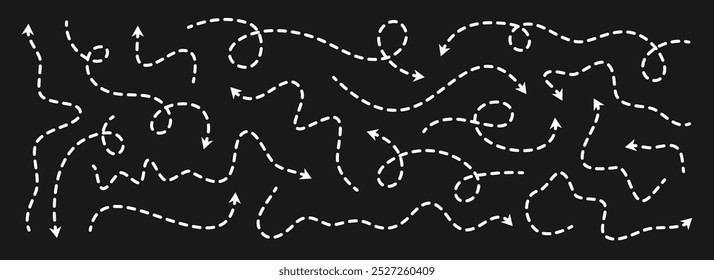 Diferentes pontilhadas setas finas definido. Coleção de ponteiros ondulados e tracejados curvos. Rabiscar linhas de direção esboçadas. Os pontos sinuam o conjunto de elementos de design da faixa de loop para folheto, cartaz, brochura. Vetor