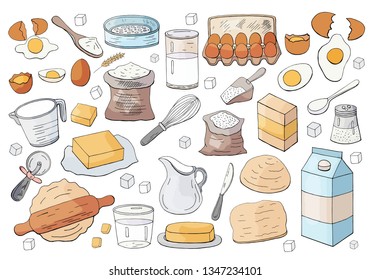 Different dough items and kitchen accessories isolated on white background. 
