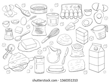 Different dough items and kitchen accessories isolated on white background. 