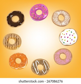 Different Doughnut Flavors in Circular Form and a center space for texts. Editable EPS10 vector and jpg illustration clipart

