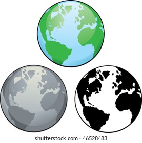 Different drawings of planet earth, from colour to black and white.