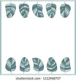 Different drawn cartoon abstract striped cyan leaves trees. Floral elements. Decorative frame. Vector illustration. 