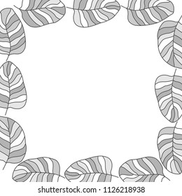 
Different drawn cartoon bird feathers made in different white grey colors of different shapes. Decorative square frame. Vector illustration. 