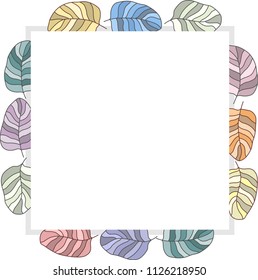 Different drawn cartoon bird feathers made in different colors of different shapes. Decorative square frame. Vector illustration. 