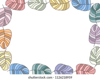Different drawn cartoon bird feathers made in different colors of different shapes. Decorative rectangular frame. Vector illustration. 
