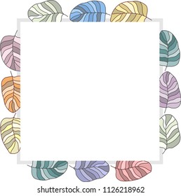Different drawn cartoon bird feathers made in different colors of different shapes. Decorative square frame. Vector illustration. 
