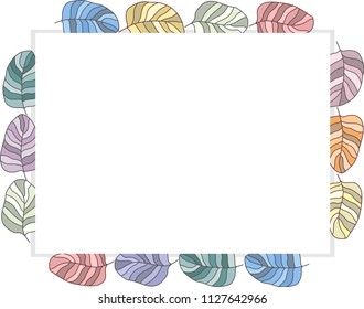 Different drawn cartoon bird feathers made in different colors of different shapes. Decorative frame. Vector illustration.