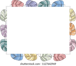 Different drawn cartoon bird feathers made in different colors of different shapes. Decorative frame. Vector illustration.