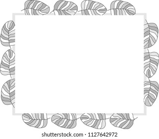 Different drawn cartoon bird feathers made in different white grey colors of different shapes. Decorative rectangular frame. Vector illustration. 