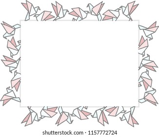 
Different drawn cartoon paper origami birds made in kid childish style in light red pink blue colors. Decorative rectangular frame. Vector illustration. 