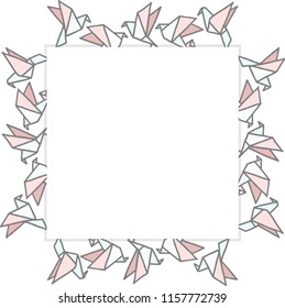 
Different drawn cartoon paper origami birds made in kid childish style in light red pink blue colors. Decorative square frame. Vector illustration. 