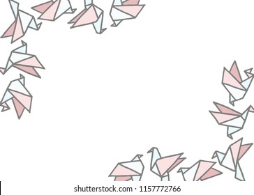 
Different drawn cartoon paper origami birds made in kid childish style in light red pink blue colors. Decorative rectangular frame. Vector illustration. 