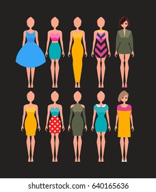 Different dresses set.Vector illustration of women in various clothes