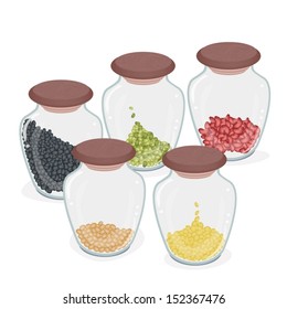 Different Dried Beans in Glass Jar, Mung, Kidney, Black, Soy Bean and Yellow Split Peas.