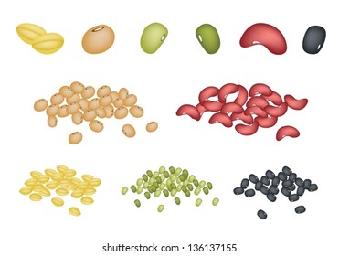 A Different Dried Beans, Mung, Kidney, Black Eye, Soy Bean And Yellow Split Peas On Multicolor Background.