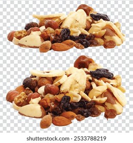 Different dried fruits on transparent background