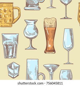 Different Drink Beverage Glasses Seamless Pattern. Stemware Hand Drawn Background. Vector illustration