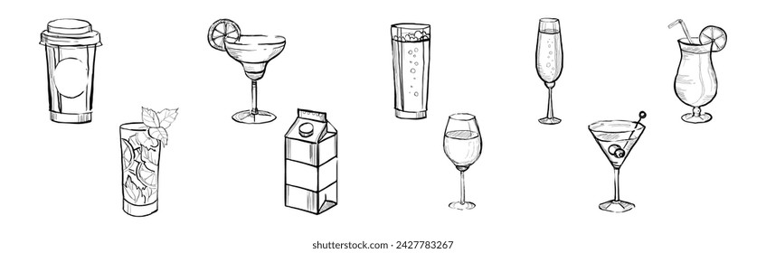 Different Drink and Beverage Hand Drawn Sketch Vector Set.
