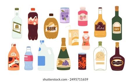 Different drink bottles set. Bar or store assortment collection of drinks in plastic, glass containers and aluminum cans, carbonated soda water and juice, champagne cartoon