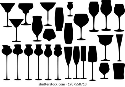 Different drink- glasses silhouettes set on white background