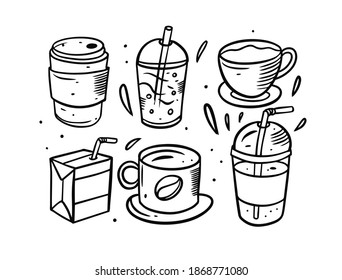 Different drinks black and white line art doodle style elements. Vector flat art cartoon illustration