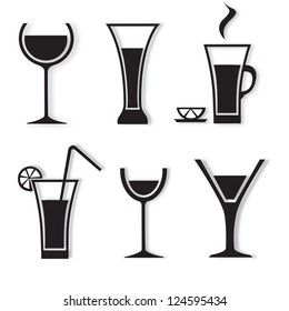 Different drinks and cocktails - isolated on white background. Vector illustration, Graphic Design. Black drinks and beverages icons set. Logo Drinks