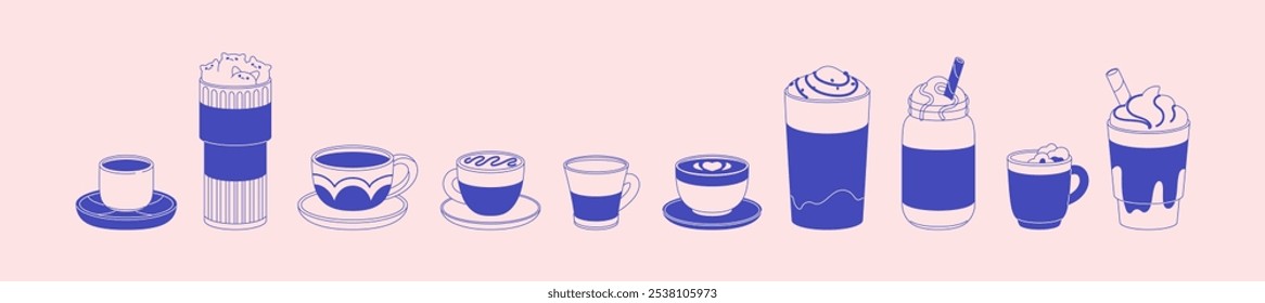 Different drinks in glasses set. Various cups of coffee: black, with milk, mocha, macchiato. Icons of hot coffe, ice cappuccino, espresso. Beverages in mugs. Outline isolated vector illustrations