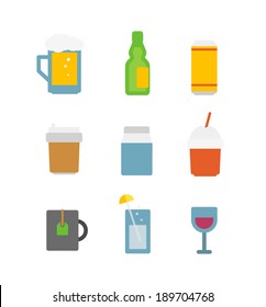 Different drinks icons set isolated on white. Flat design icons